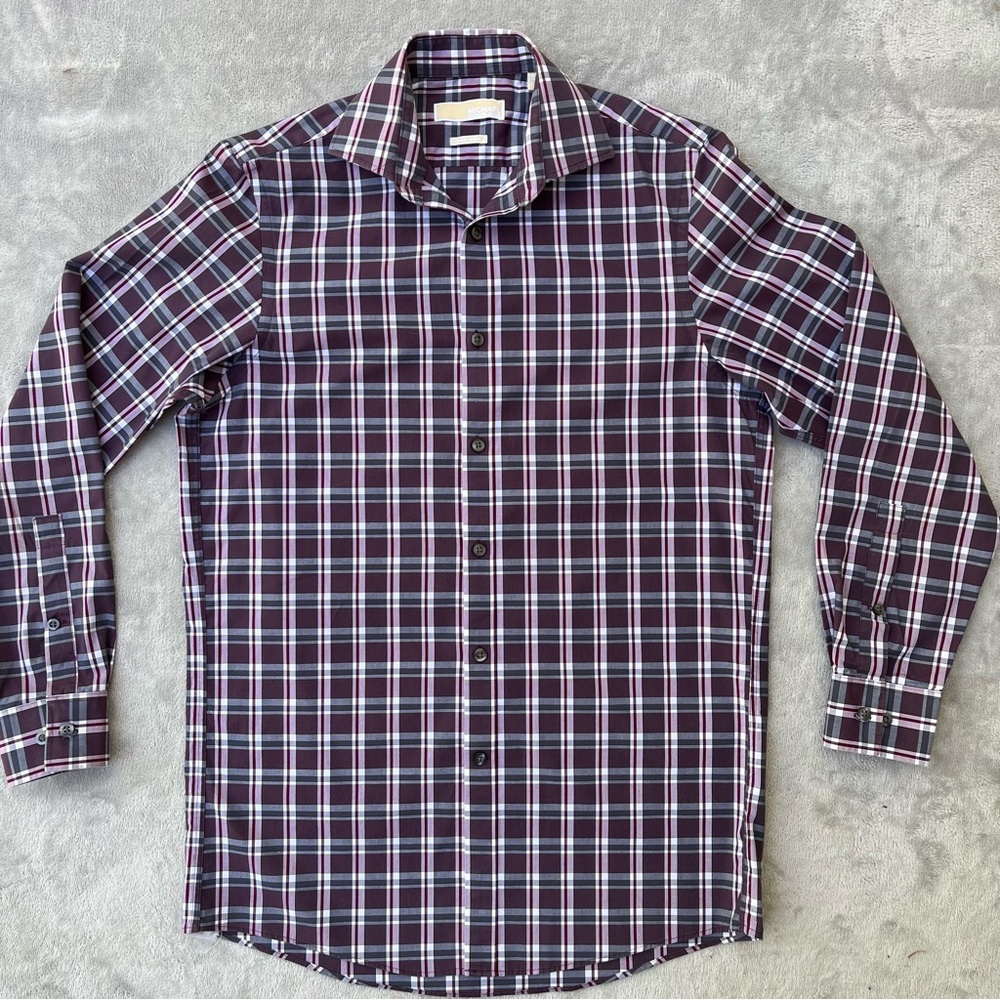 MICHAEL KORS Long Sleeve Dress Shirt - Burgundy & Gray/Charcoal - 14.5